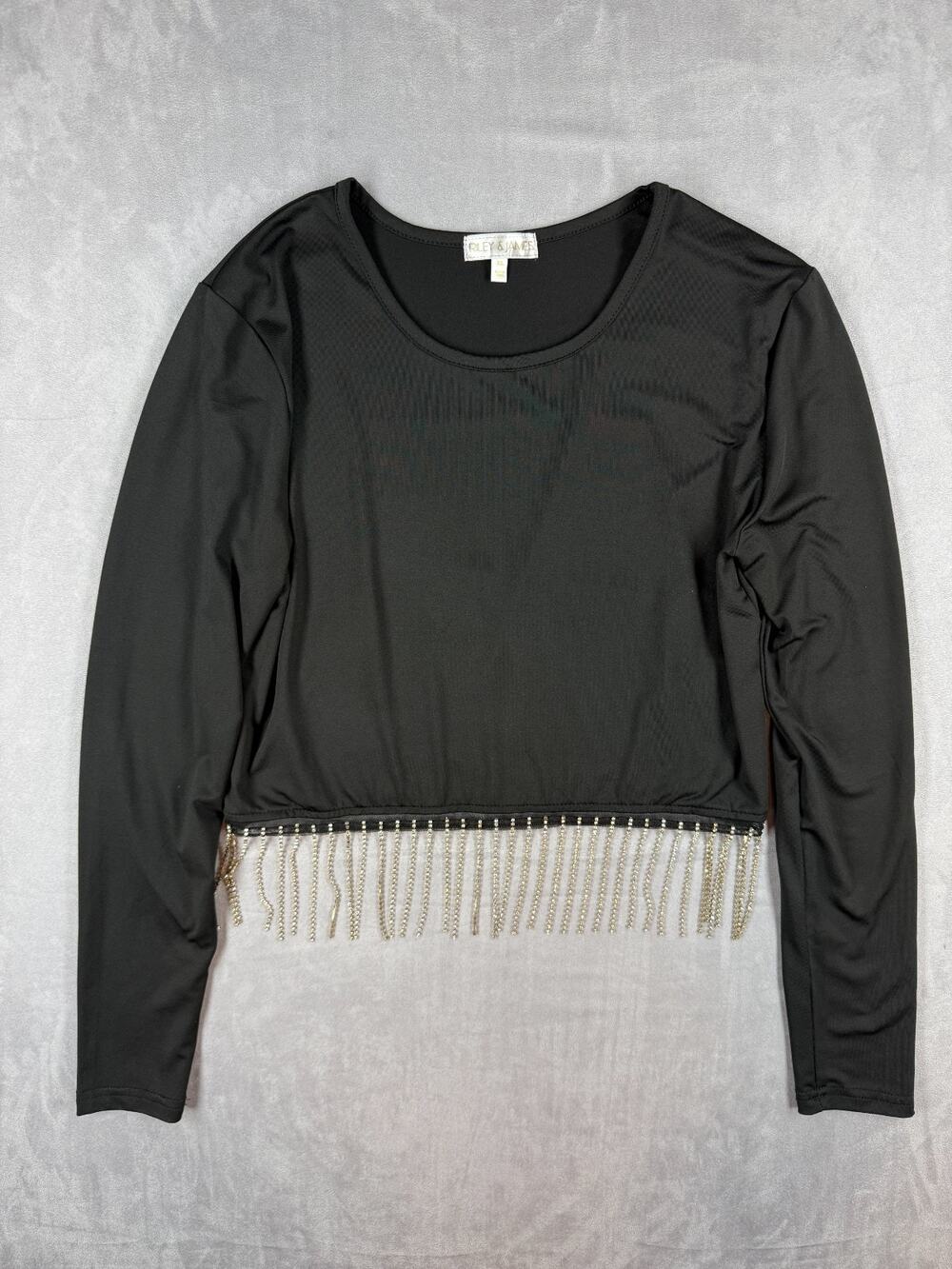 Riley & James Women's XL Long Sleeve Black Hanging Rhinestone Fringe Crop Top